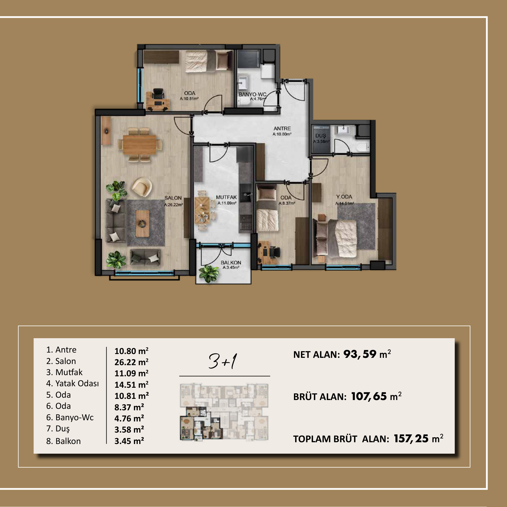A Blok 3+1 Daire Planı
