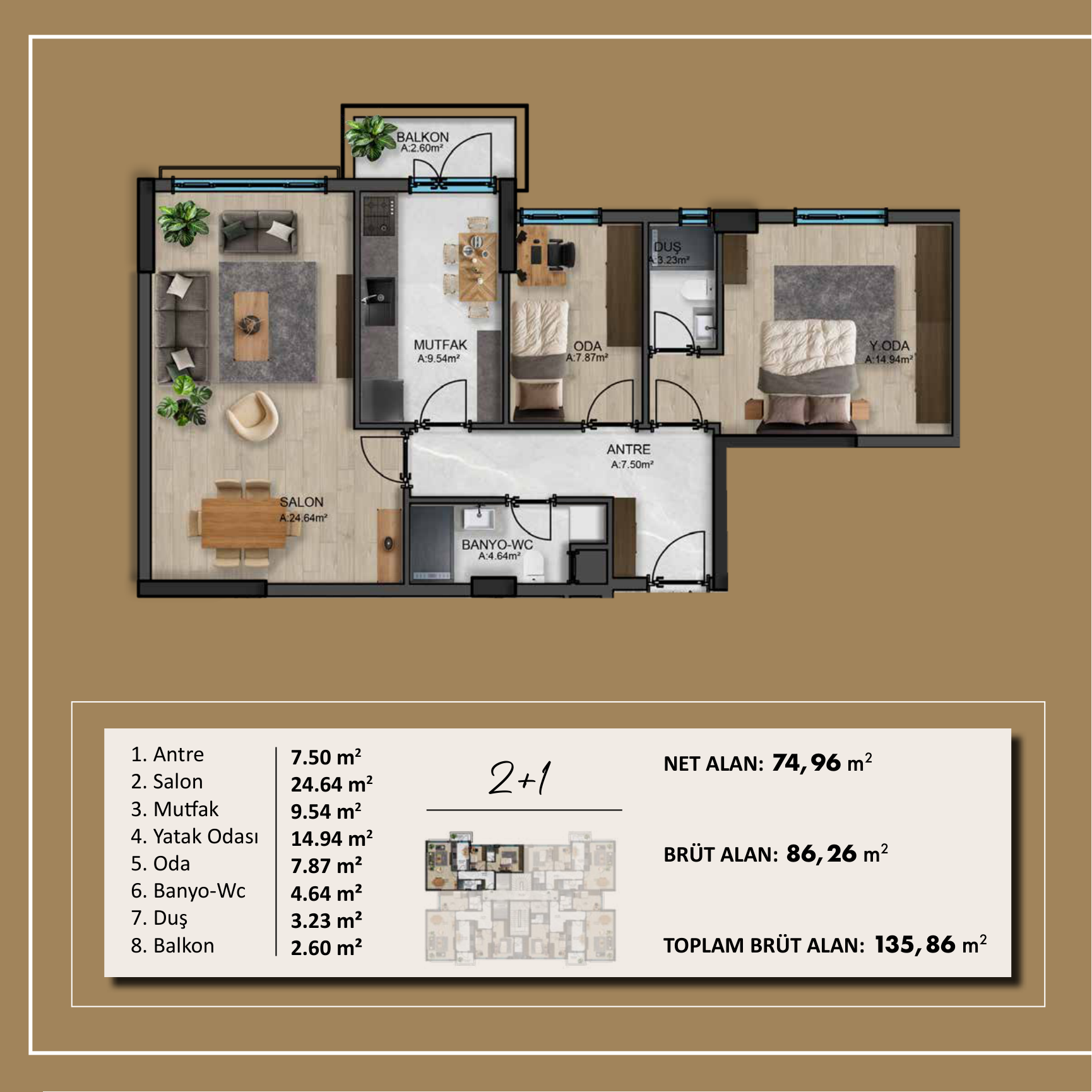 B Blok 2+1 Daire Planı
