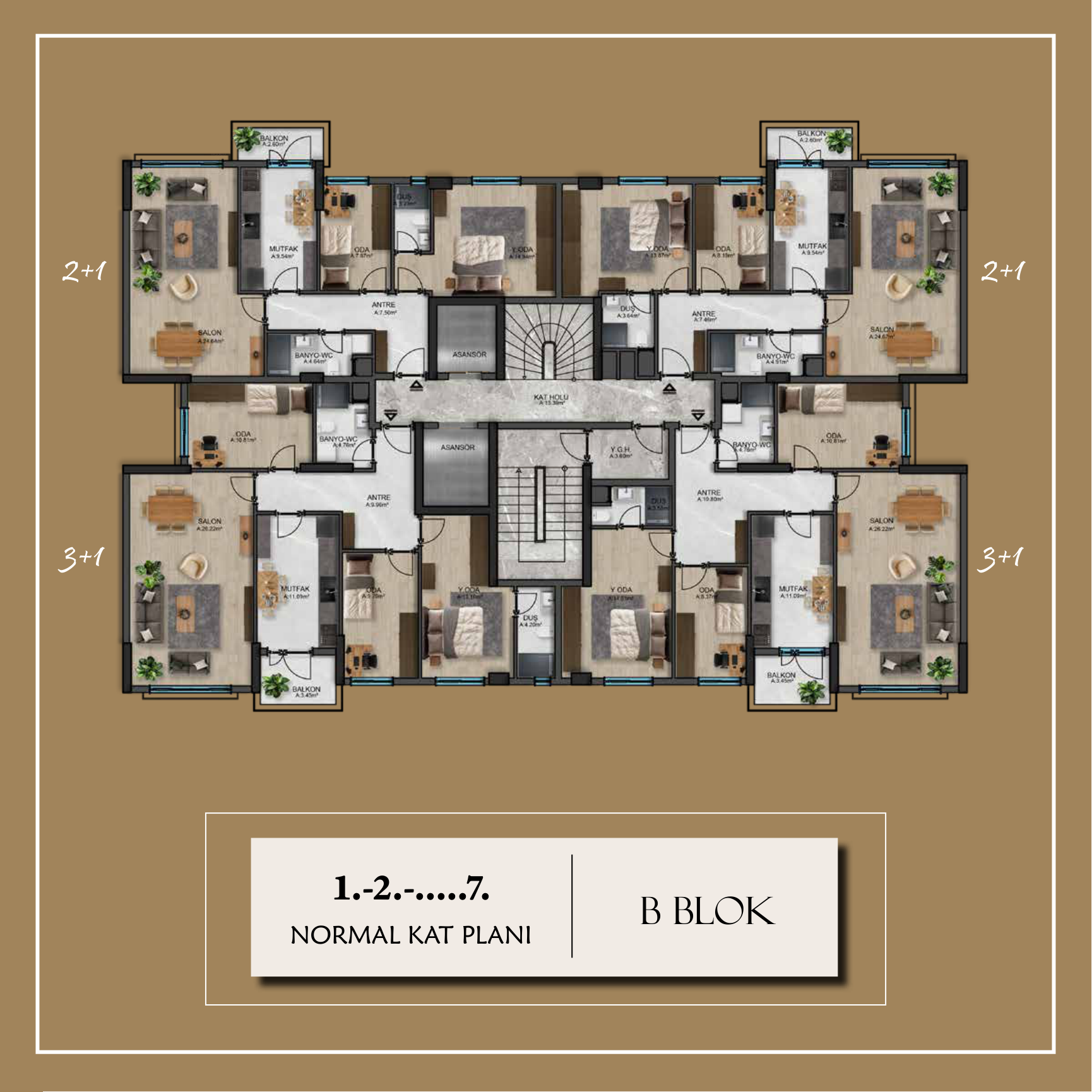 B Blok 1.-7. Normal Kat Planı